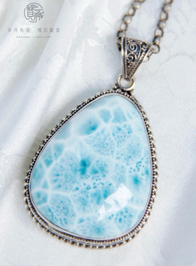 海纹石大吊坠毛衣坠女尼泊尔925纯银镶嵌复古宫廷风小众宝石个性