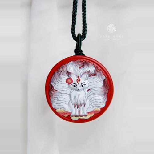 朱砂彩绘九尾狐吊坠项链