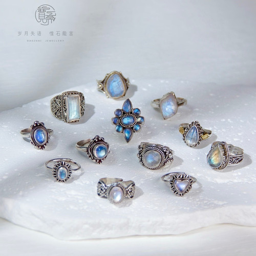「限时清货」天然月光石戒指尼泊尔手工925纯银镶嵌活口戒精工
