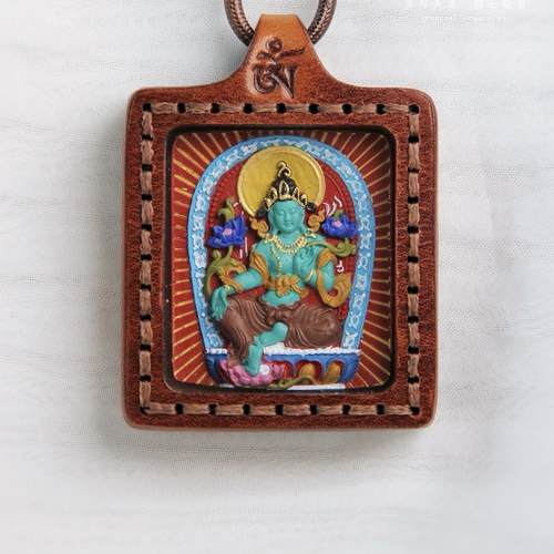 朱砂彩绘绿度母吊坠平安国风项链