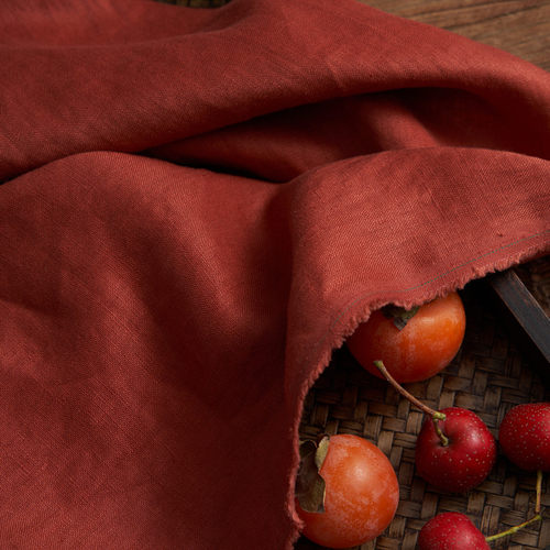 【深柿红】高密酵石磨纯亚麻布料