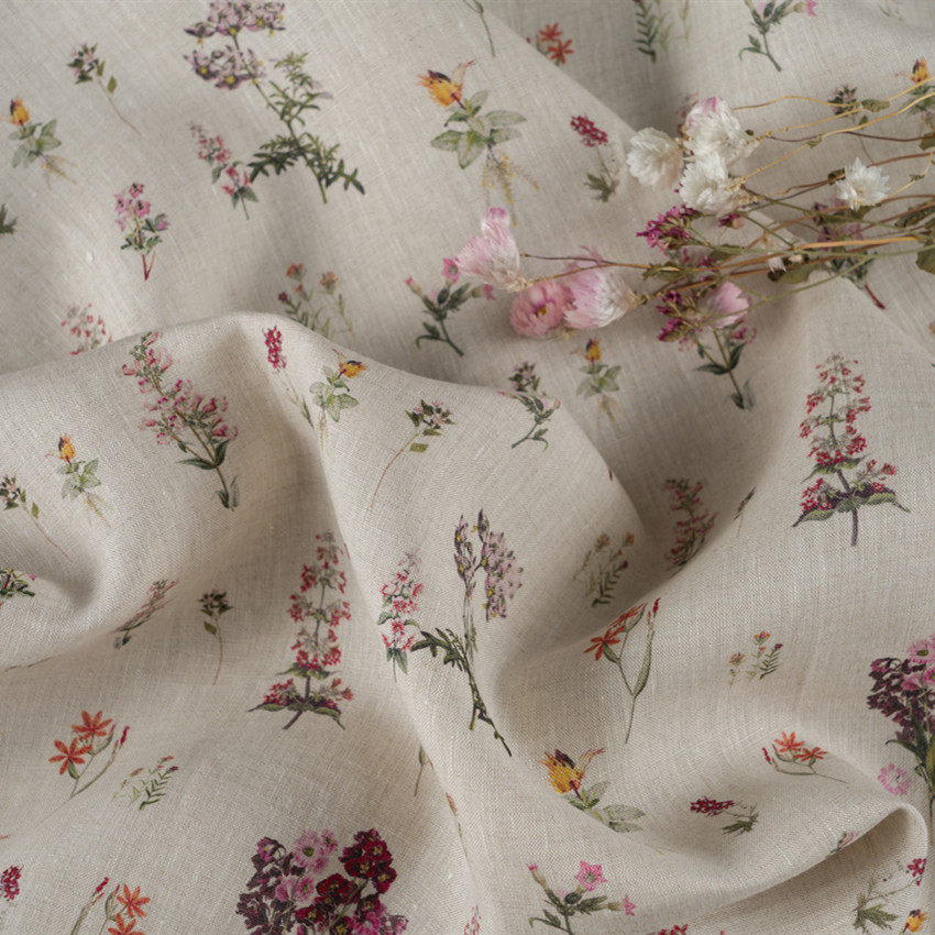 【西尔莎】复古田园纯亚麻雨露麻印花面料袍子连衣裙品牌定制布料