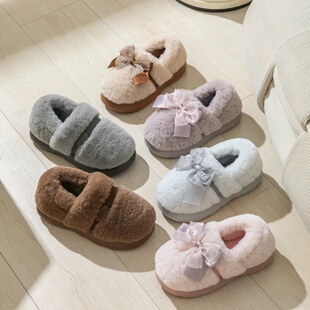 迪盛2025秋冬季蝴蝶结女款棉拖鞋室内家居厚底防滑保暖包跟棉鞋