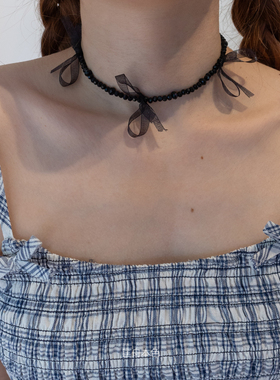 匡舟本色 韩国小众 甜酷芭蕾风 薄纱蝴蝶结黑水晶 拼接锁骨项链