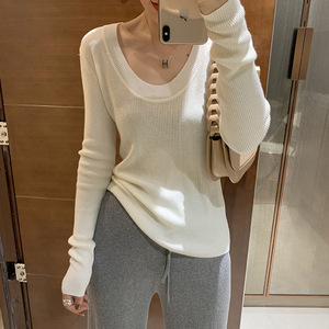 秋冬新款U领修身羊绒针织衫女低圆领套头毛衣薄款羊毛长袖打底衫