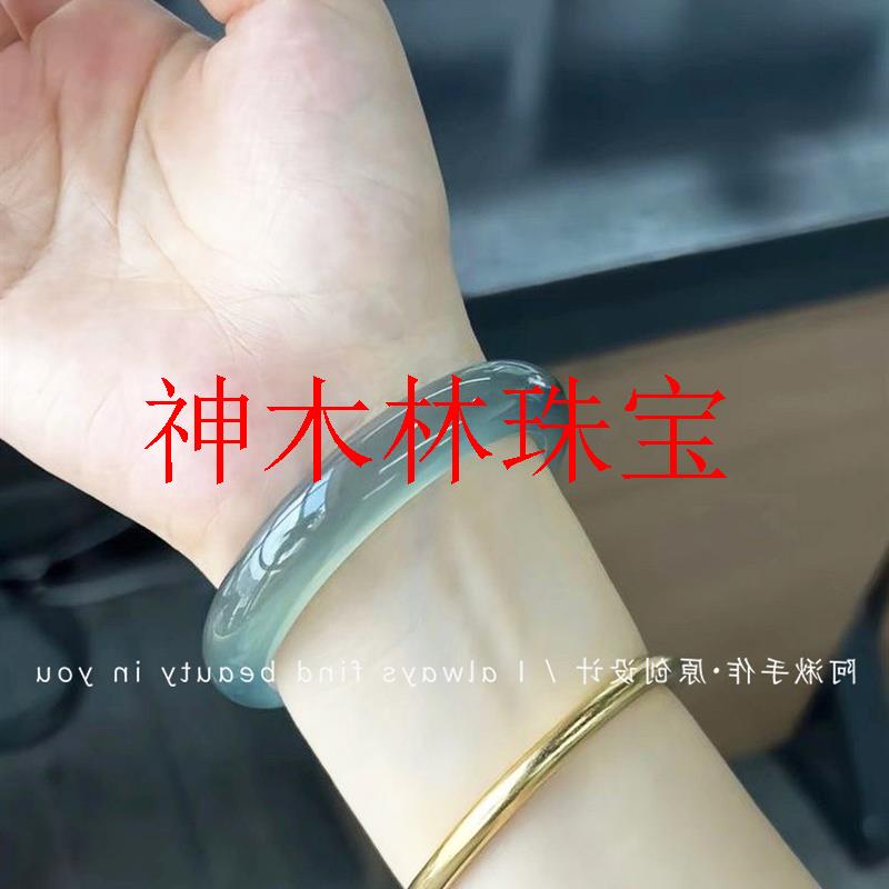玛瑙玉髓飘花库里蓝手镯女款冰透冰种小众轻奢玉石正圈翡翠色玉镯