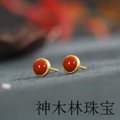 南红玛瑙和田玉纯银古法金耳钉女复古高级感小巧精致红色耳环耳饰