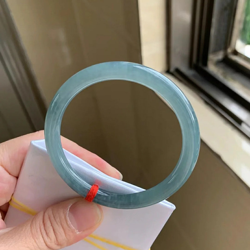 冰种飘花老蓝水细圆条手镯晴水蓝翡翠色玉镯子叮当贵妃美人条玉镯