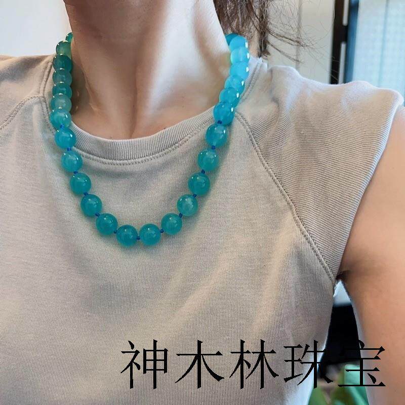 莫桑比克冰种大颗粒圆珠项链蓝色转运红宝石水晶百搭锁骨链毛衣链