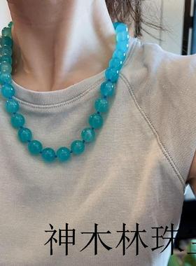 莫桑比克冰种大颗粒圆珠项链蓝色转运红宝石水晶百搭锁骨链毛衣链