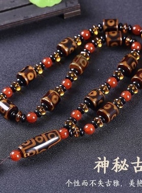 民族风精选藏式三眼九眼天珠玛瑙项链佛珠项串男女同款挂件颈饰品