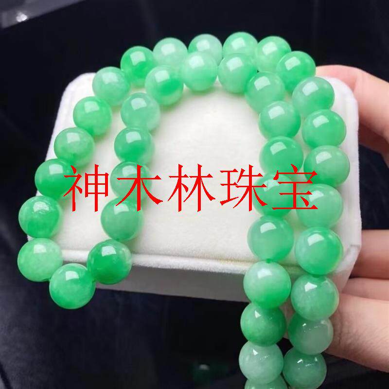 高档缅甸翡翠色飘花圆珠项链冰糯种阳绿新中式转运珠正阳绿毛衣链