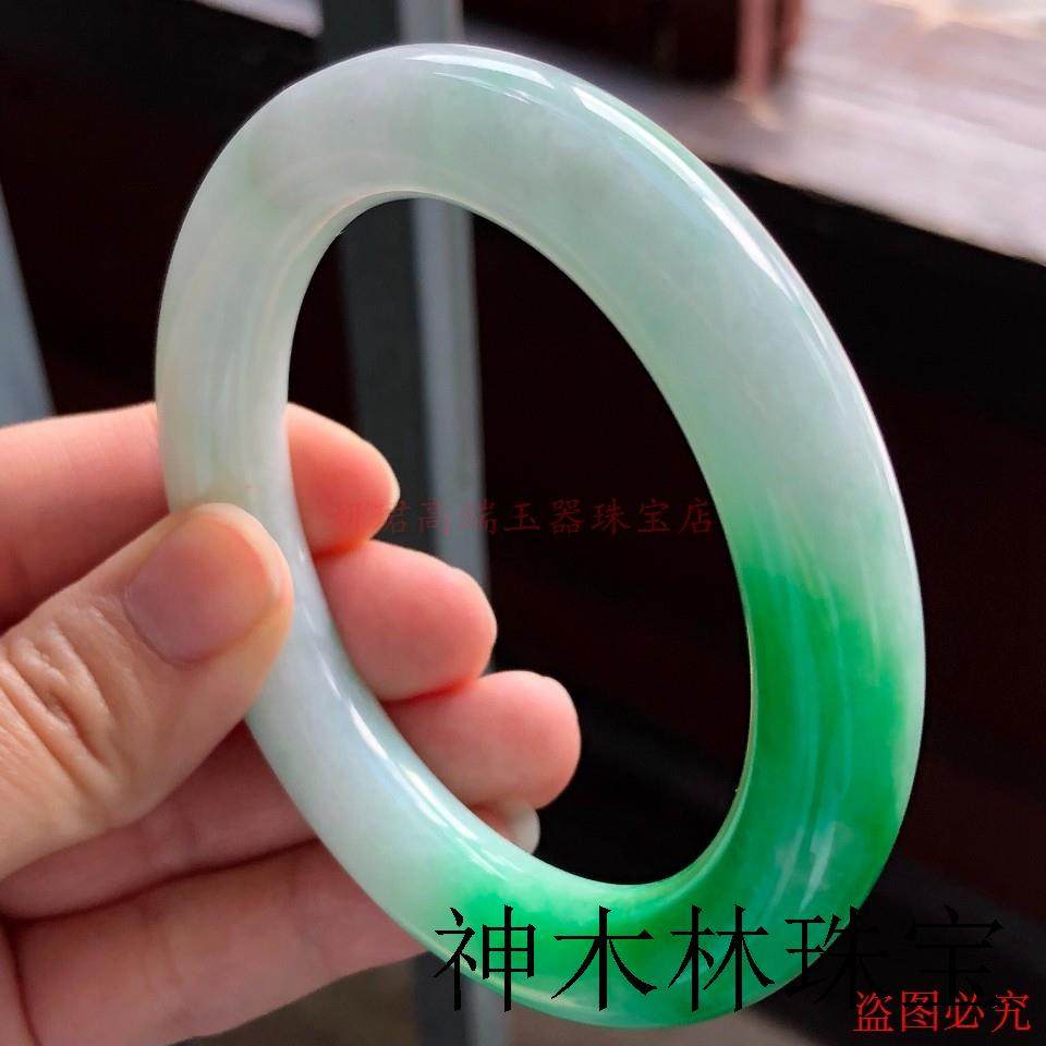 缅甸手饰品高端翡翠色手镯老坑冰种精品一抹阳绿白底青圆条玉镯子