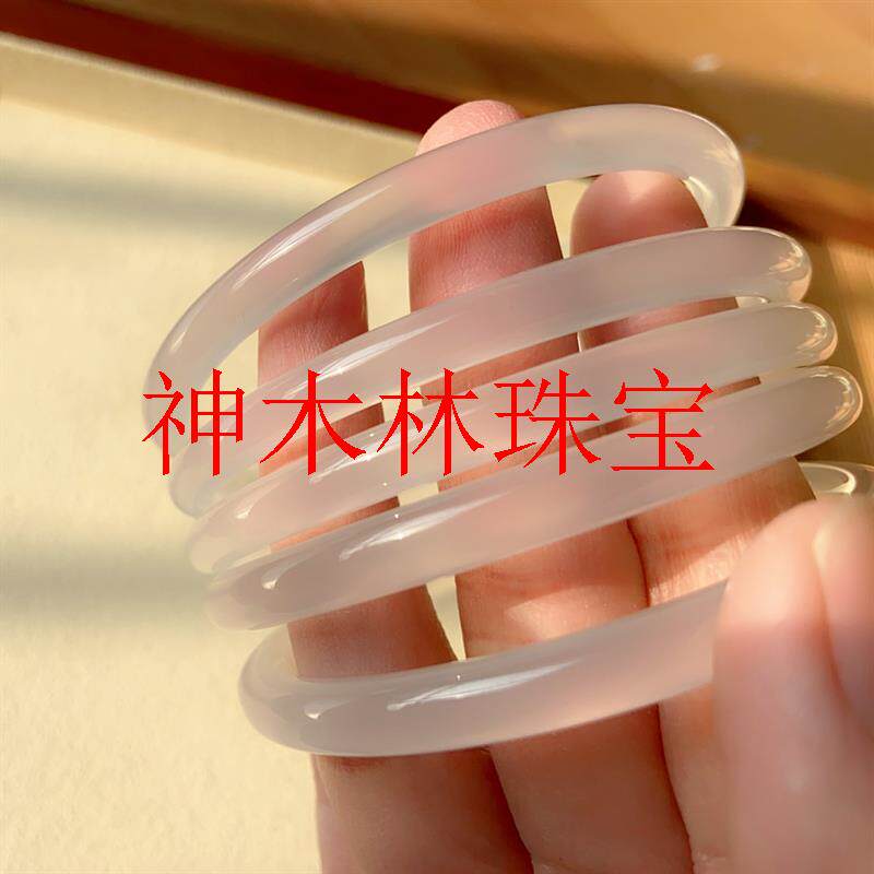 {冰肌素玉}高端白玉髓精选细圆条手镯冰透美人镯简约玉石玛瑙镯子