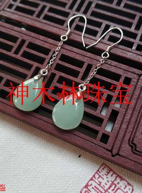 精选缅甸翡翠色冰糯种耳环女款冰种玉石水滴耳坠银饰镶嵌耳饰送礼