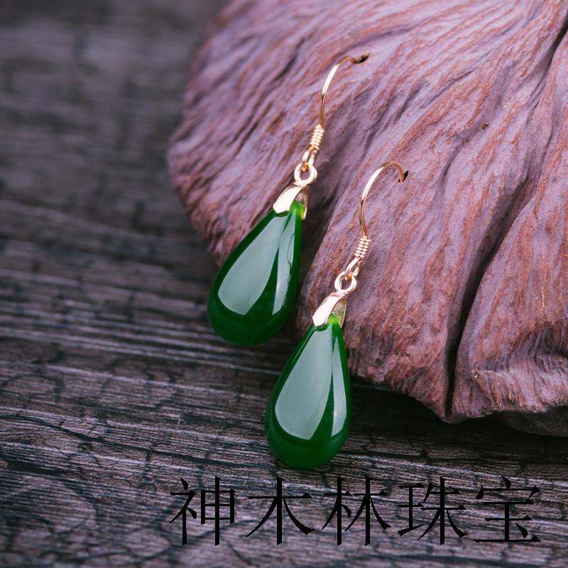 和田碧玉色水滴耳环银饰镶嵌复古