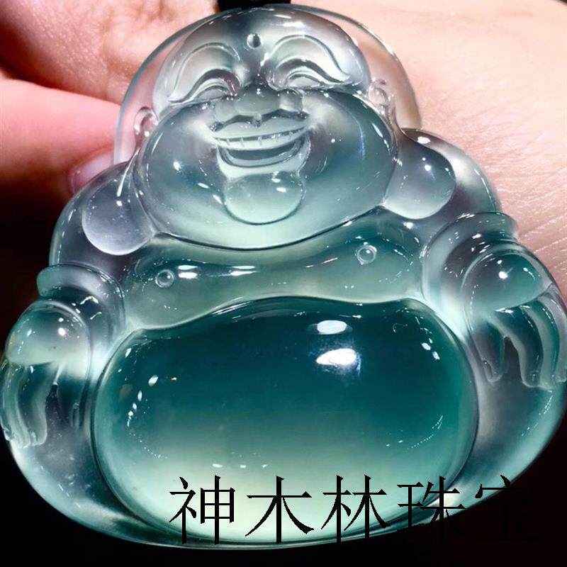 高冰种蓝水翡翠玉石佛公吊坠笑佛冰种飘蓝色弥勒佛翡翠吊坠女饰品