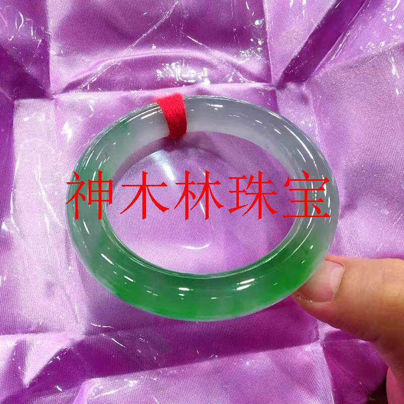 翡翠色圆条手镯正宗缅甸高冰种飘阳绿花半山水玉镯子女款送礼手环