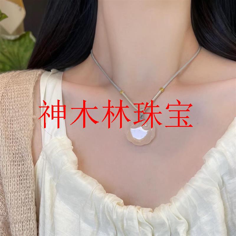 高端白玉髓如意锁吊坠玛瑙玉石平安锁项链中式古风锁骨链情侣送礼