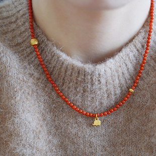 精挑细选川料满色南红玛瑙小米珠超细锁骨链红绳中式国风项链女款