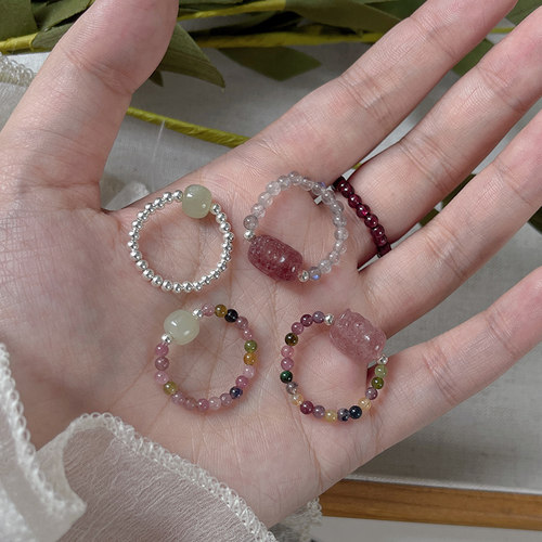 s925纯银天然石水晶弹力伸缩戒指