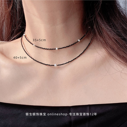 纯银极细天然黑尖晶真珍珠项链