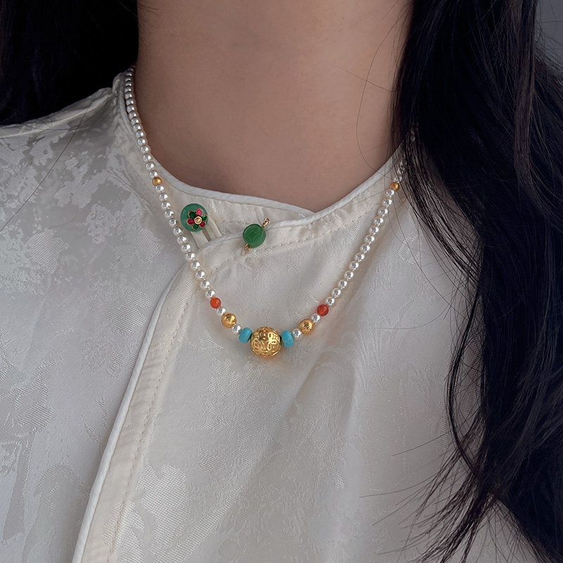 八方来财 新中式钱币转运珠古法沙金珍珠项链女款2026新款锁骨链