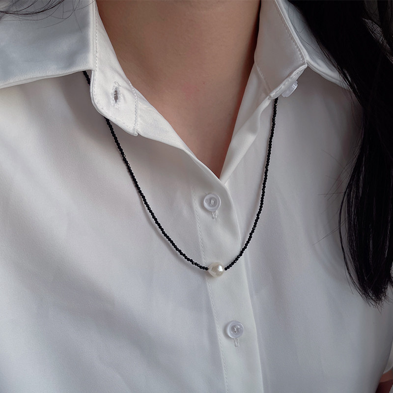 S925纯银长款极细黑色尖晶石巴洛克异形淡水珍珠项链女款2026新款