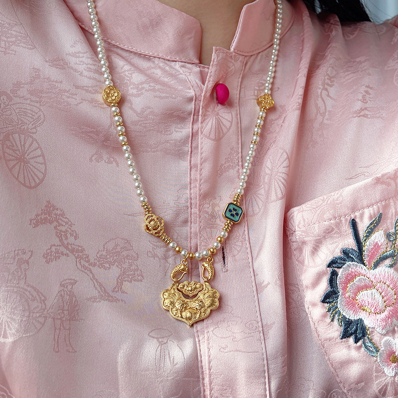 新中式原创如意锦鲤古法沙金平安锁长款珍珠项链女款2026新款小众