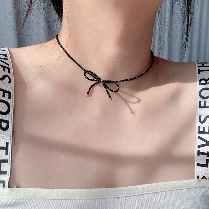 S925纯银天然黑色尖晶石蝴蝶结项链女款2026新款爆款颈链锁骨链潮