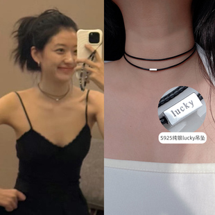 S925纯银孙千同款黑色双层皮绳项圈choker小众项链女颈链锁骨链潮