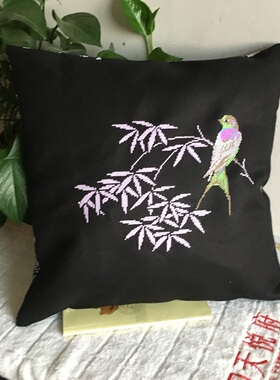 线绣手绣机绣成品印花十字绣车抱枕 花草小鸟11CT 14CT黑 红 白色