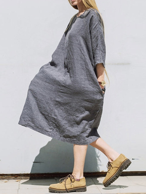 春夏季大码文艺亚麻连衣裙女七分袖中长款森女日系裙子宽松袍子
