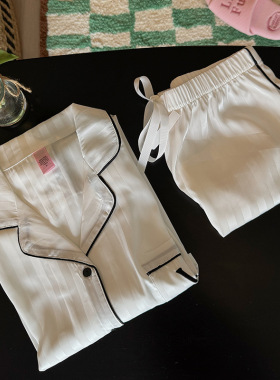 白色条纹缎面柔软舒适居家睡衣女套装2025短袖短裤家居服