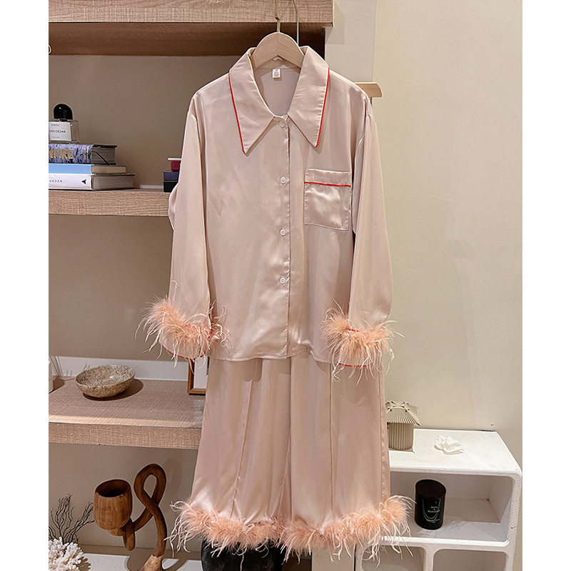 NJP高级感法式缎面鸵鸟毛睡衣女春秋款羽毛长袖衬衫式家居服套装