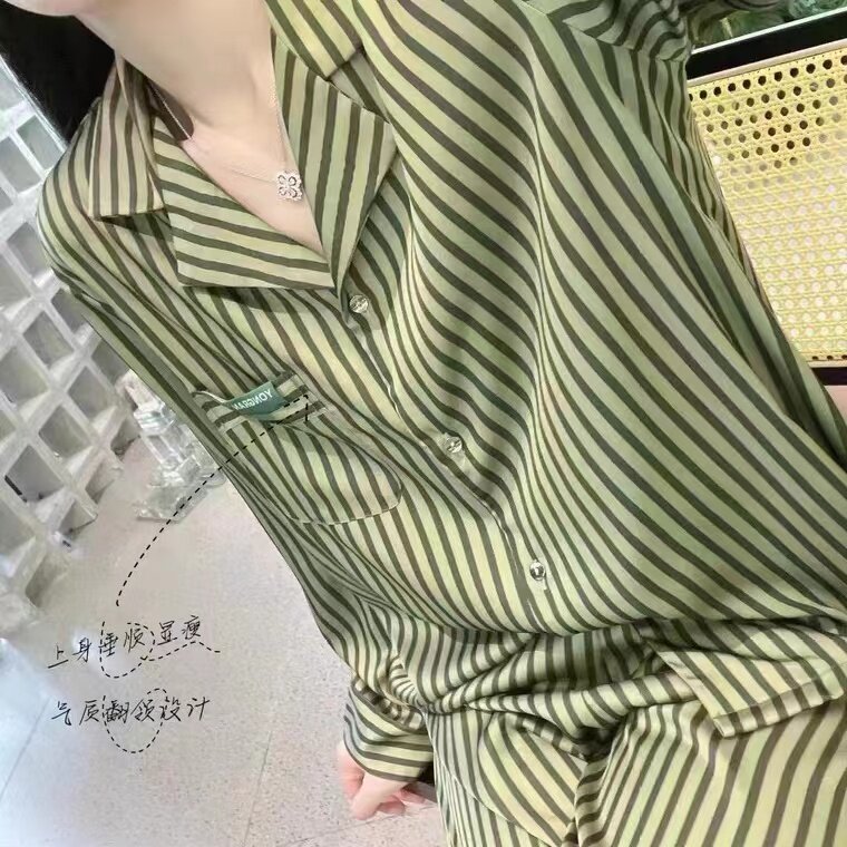 青口绿慵懒风条纹家居服睡衣港风