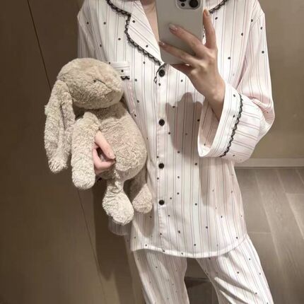 【蜜糖美少女】2026春夏季条纹波点蕾丝花边长袖长裤睡衣家居服女