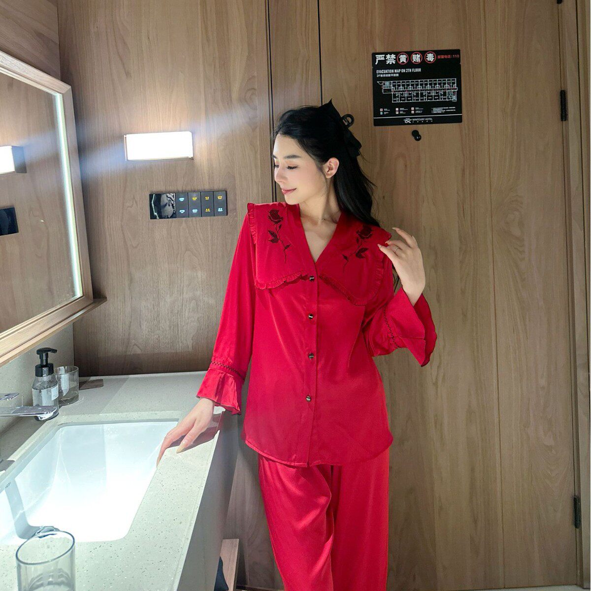 【妩媚终生】春秋季冰丝睡衣舒适宽松刺绣长袖长裤家居服套装女