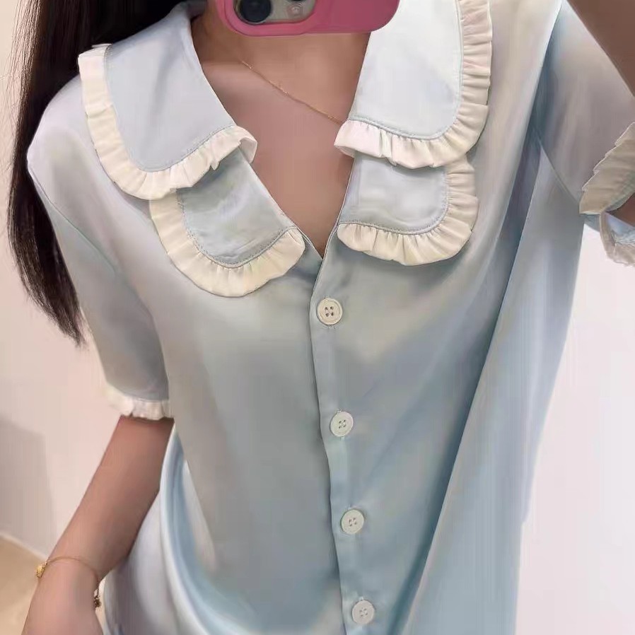 【时光清浅】法式冰丝睡衣夏季高级感娃娃领短袖短裤家居服套装女