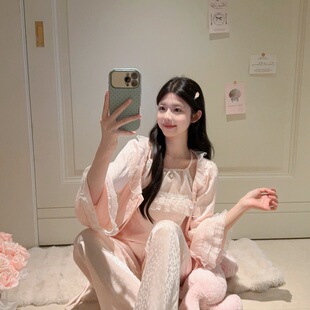 【奶欲少女】春秋季冰丝睡衣女高级氛围感少女甜美家居服三件套装