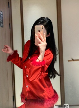 【砂糖红绒】睡衣长袖长裤薄款新年红色本命年冰丝高级家居服女士