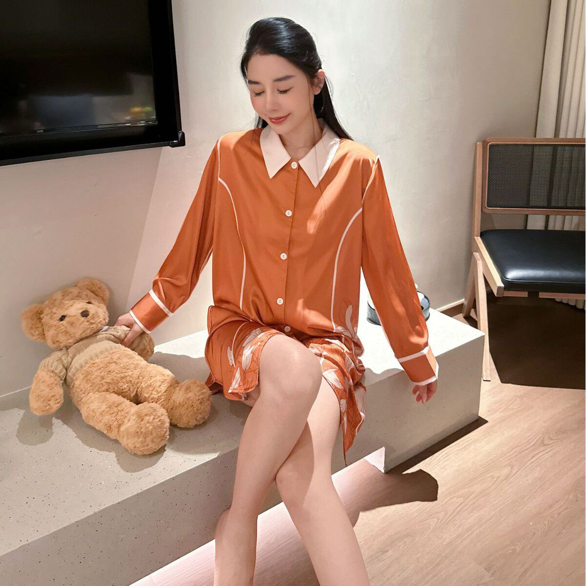 【秋色沁人】高级感冰丝轻奢睡裙女长袖衬衫睡衣可外穿翻领家居服