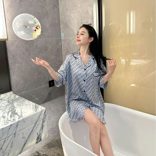 轻奢睡衣女冰丝高级感字母花纹家居服衬衣裙 宓迪蓝曲 夏秋法式