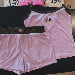 Kitty吊带短裤KT针织棉辣妹豹纹印花睡衣女秋冬季新款家居服甜美