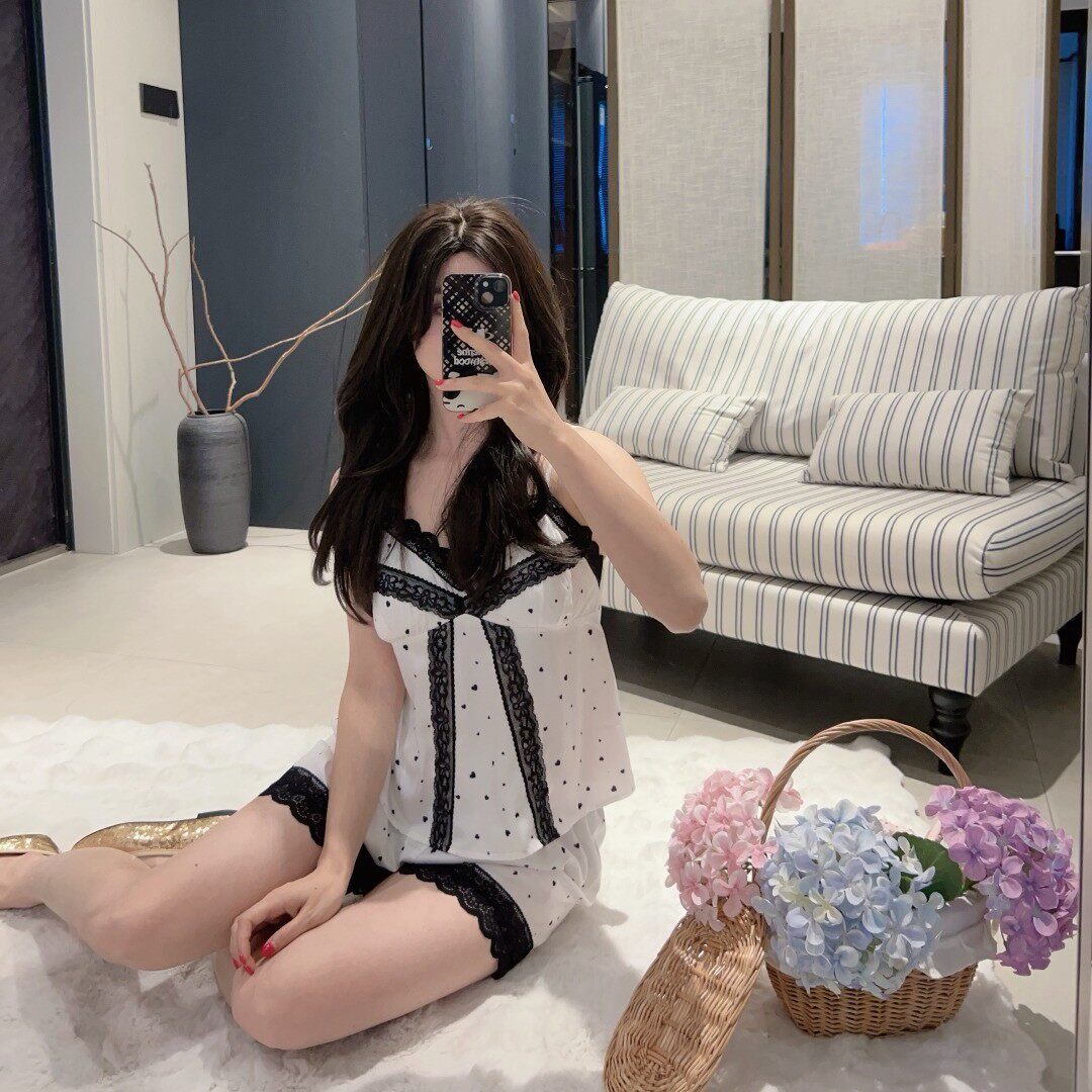【简心之意】2026夏季新款蕾丝花边爱心印花女士睡衣家居服四件套