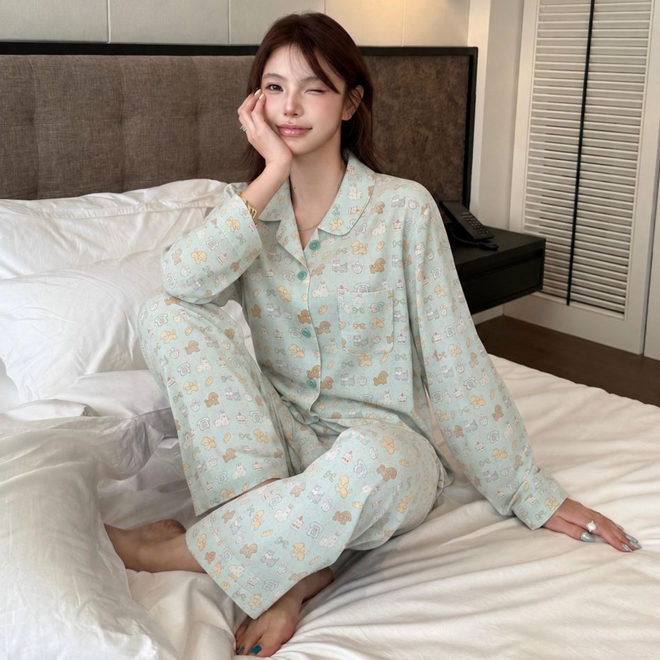 【小狗饼干】2026春秋季长袖睡衣印花女开衫套装卡通可爱家居服女