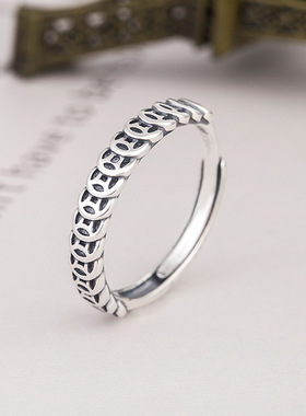 黑白轩 S925银铜钱戒指女泰银做旧钱币招财聚财指环复古食指戒