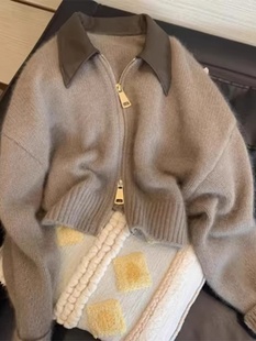 设计感拼接皮领双拉链针织衫毛衣女2023秋冬新款软糯别致复古上衣