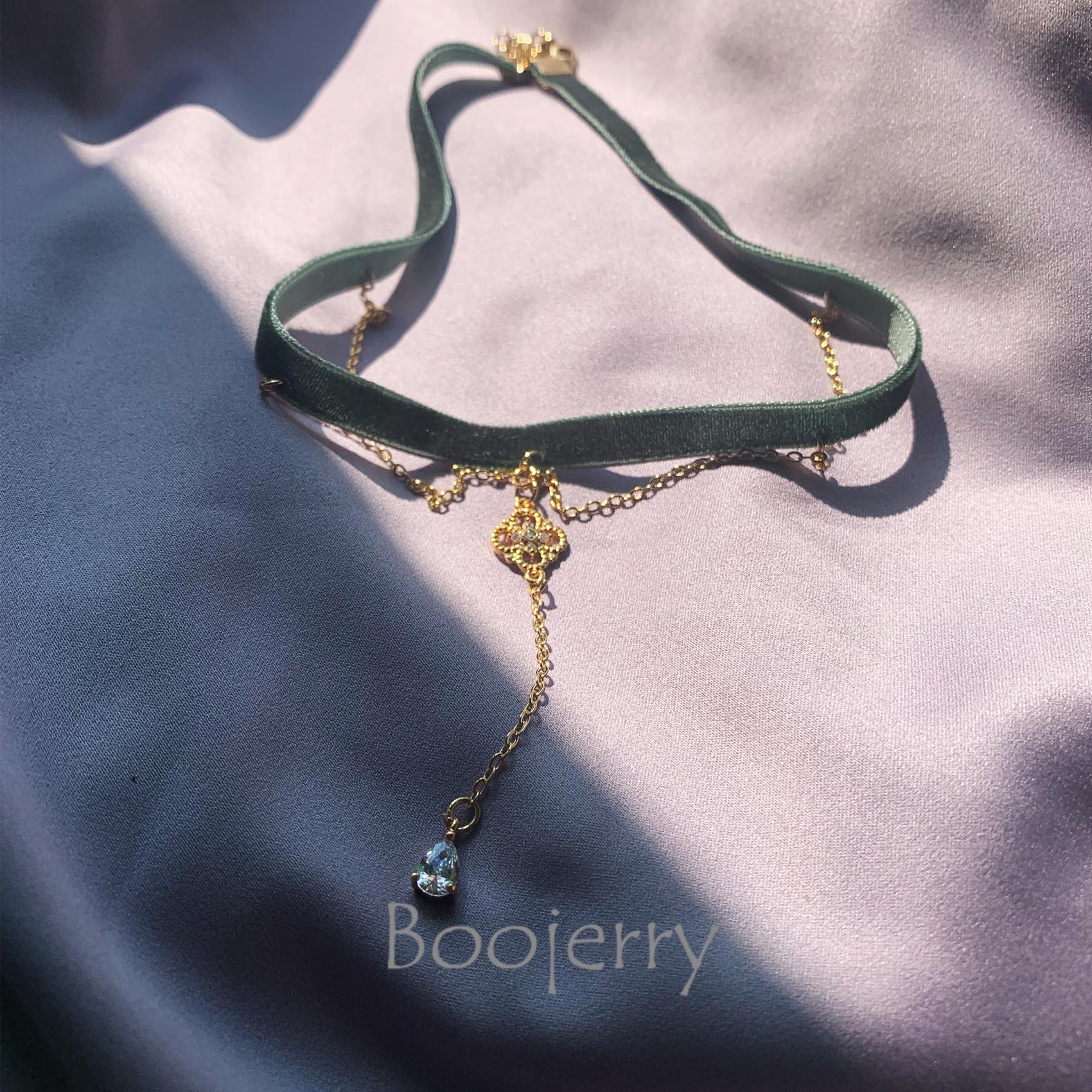 晶家原创手作14k包金复古墨绿色丝绒颈饰颈带项圈锁骨链choke