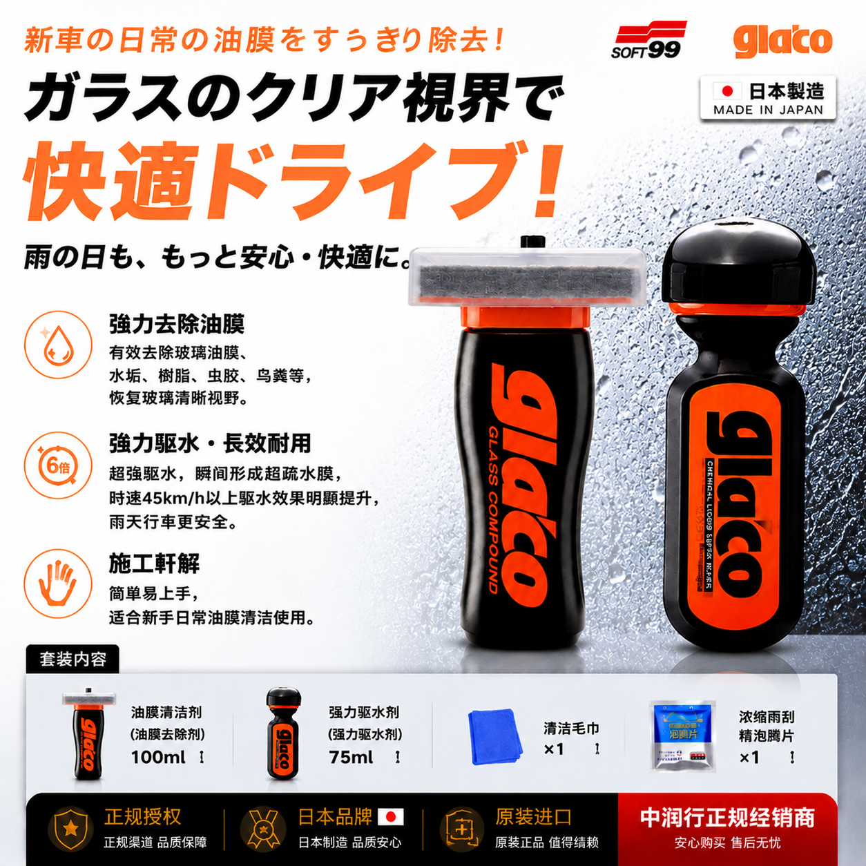 套装SOFT99日本进口6倍氟素雨敌汽车油膜清洁防雨剂玻璃水驱水剂